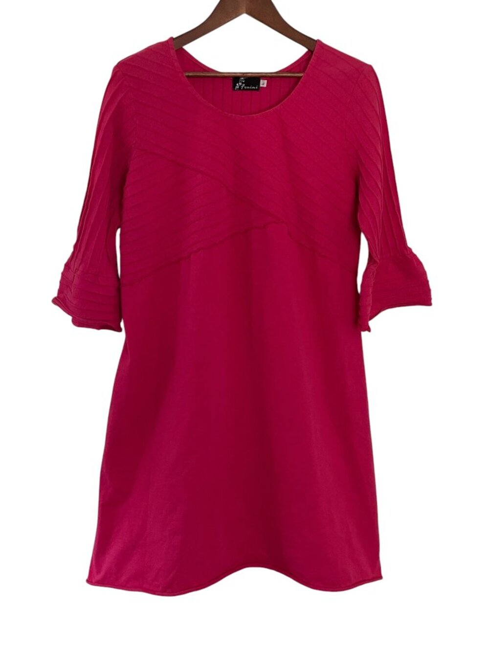 Fenini Shift Dress Large L Hot Pink Textured Stripe Bell Sleeve 100% Cotton